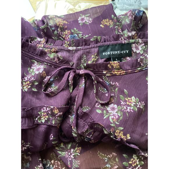 3065 NWOT Fortune + Ivy Purple Floral Long Sleeve With Metallic Threads Blouse - Picture 3 of 6